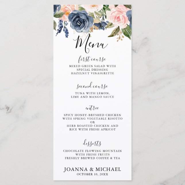 Navy Blue Blush Pink Rose Boho Wedding Menu (Front)