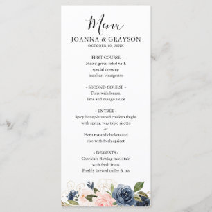 Navy Blue Blush Pink Rose Boho Wedding Menu