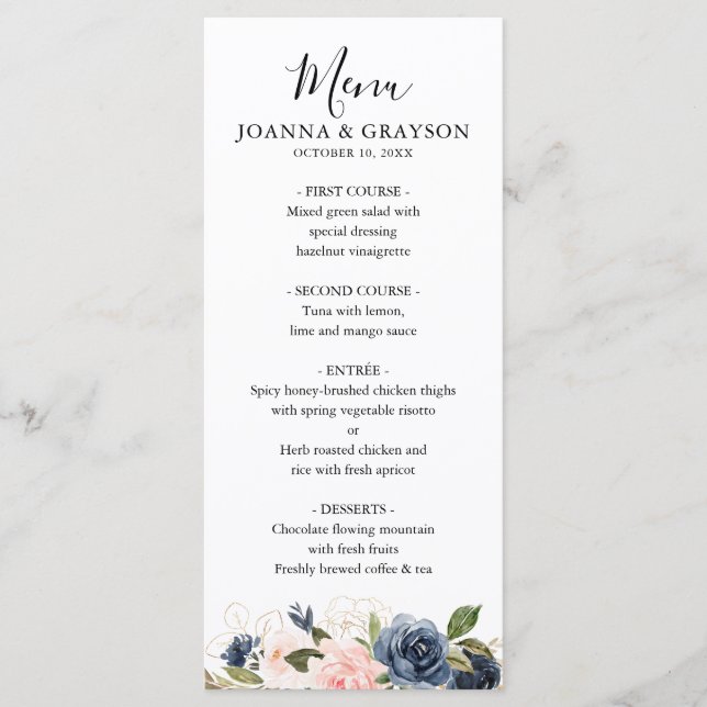Navy Blue Blush Pink Rose Boho Wedding Menu (Front)