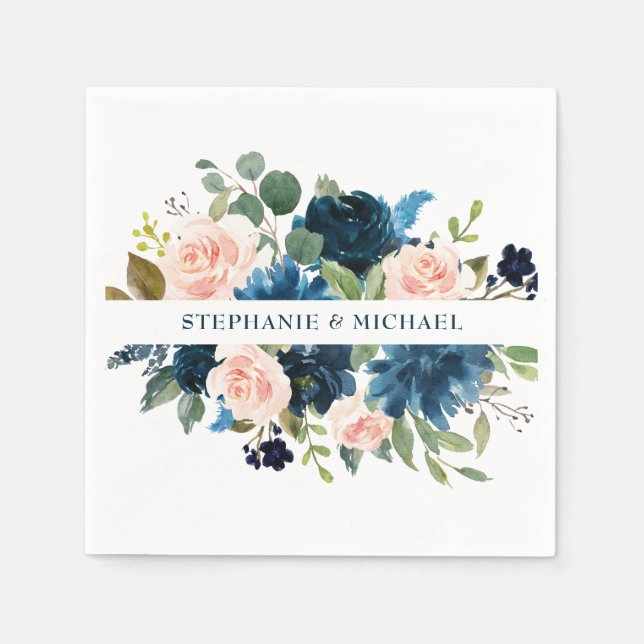 Navy Blue Blush Pink Rose Boho Wedding Napkin (Front)