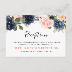 Navy Blue Blush Pink Rose Boho Wedding Reception Enclosure Card
