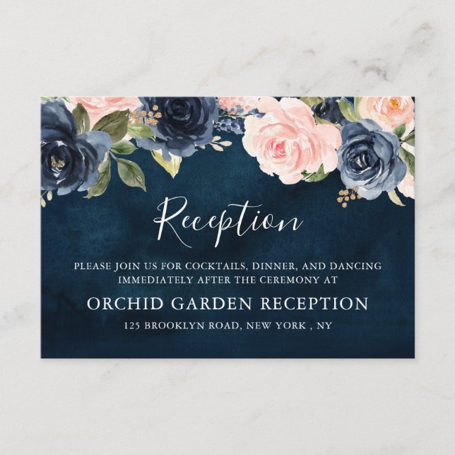 Navy Blue Blush Pink Rose Boho Wedding Reception Enclosure Card (Front)