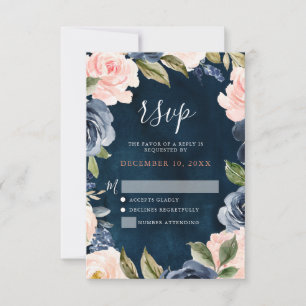 Navy Blue Blush Pink Rose Boho Wedding RSVP