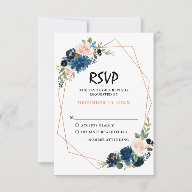 Navy Blue Blush Pink Rose Boho Wedding RSVP (Front)