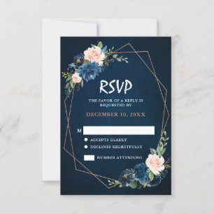 Navy Blue Blush Pink Rose Boho Wedding RSVP Card