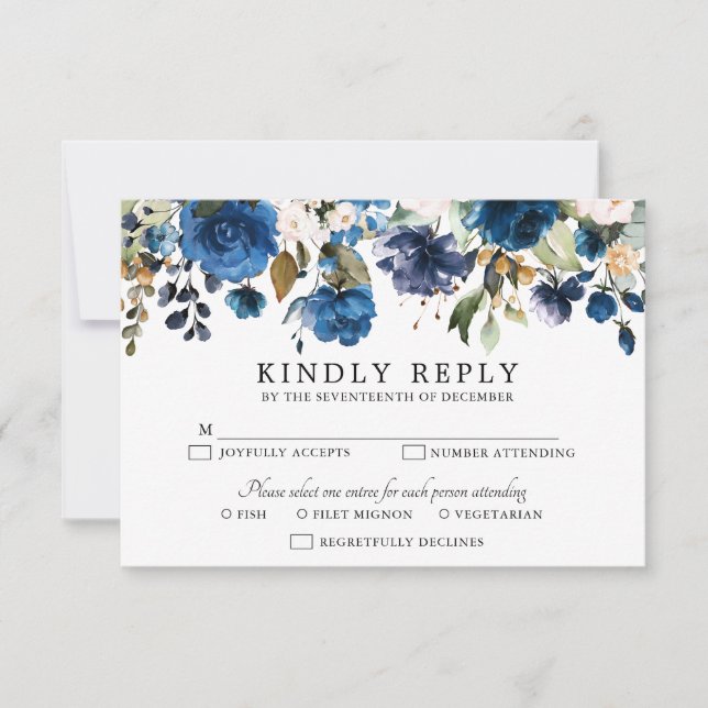 Navy Blue Blush Pink Rose Boho Wedding RSVP Card (Front)