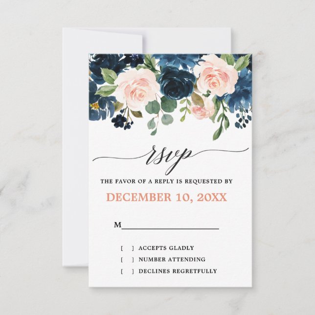 Navy Blue Blush Pink Rose Boho Wedding RSVP Card (Front)