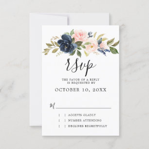 Navy Blue Blush Pink Rose Boho Wedding RSVP Card