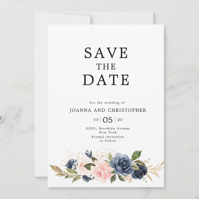 Navy Blue Blush Pink Rose Boho Wedding Save The Date (Front)