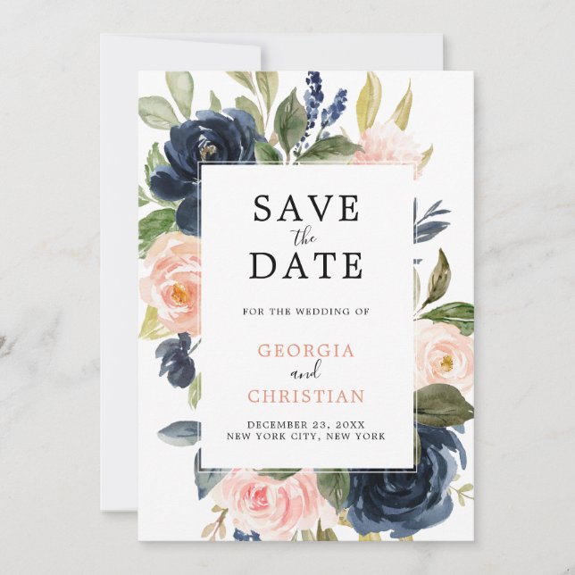 Navy Blue Blush Pink Rose Boho Wedding Save The Date (Front)