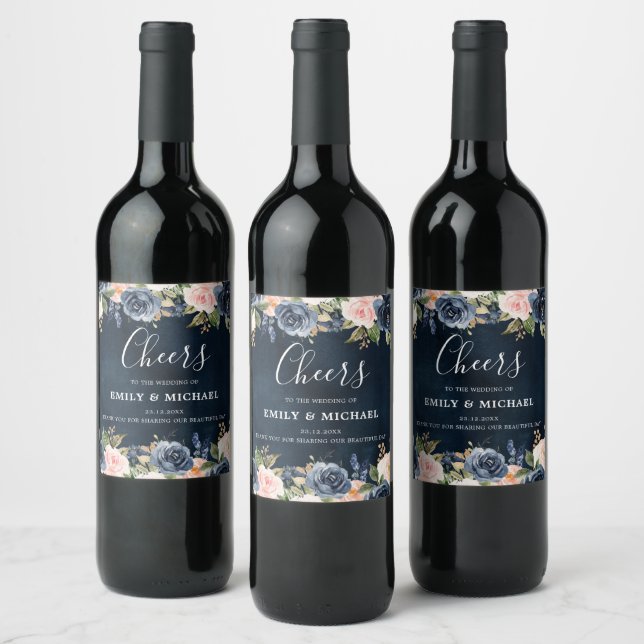 Navy Blue Blush Pink Rose Boho Wedding Wine Label (Bottles)