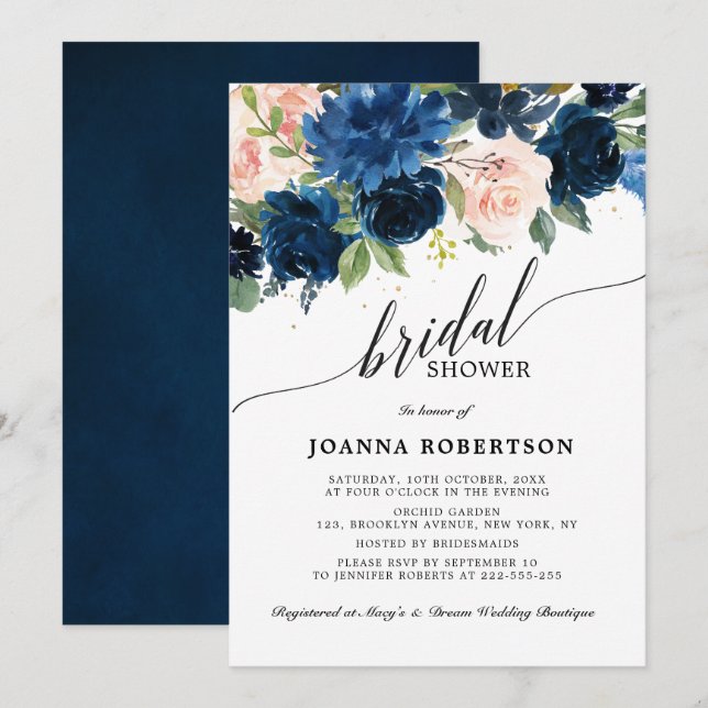 Navy Blue Blush Pink Rose Botanical Bridal Shower Invitation (Front/Back)