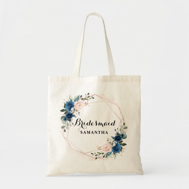 Navy Blue Blush Pink Rose Botanical Geometric Gift Tote Bag (Front)