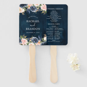 Navy Blue Blush Pink Rose Botanical Hand Fan