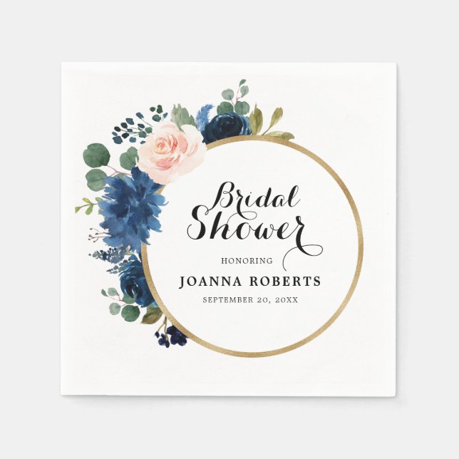 Navy Blue Blush Pink Rose Botanical Napkin (Front)