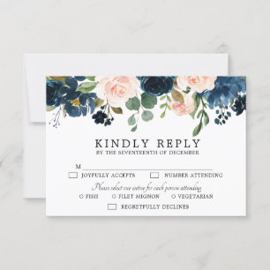 Navy Blue Blush Pink Rose Botanical RSVP Card