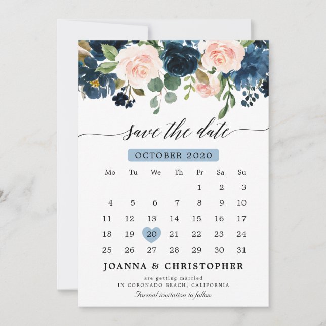 Navy Blue Blush Pink Rose Botanical Save the Date (Front)