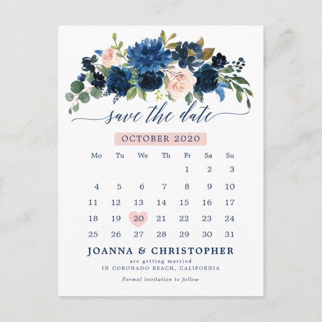 Navy Blue Blush Pink Rose Botanical Save the Date Announcement Postcard (Front)