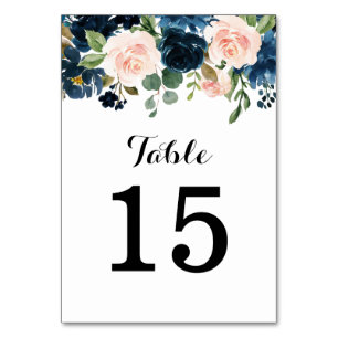 Navy Blue Blush Pink Rose Botanical Table Number