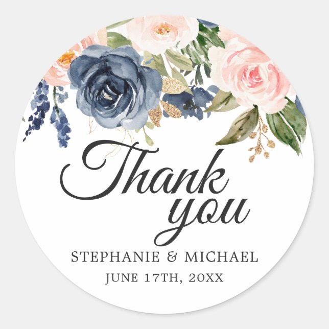 Navy Blue Blush Pink Rose Botanical Thank You Classic Round Sticker (Front)