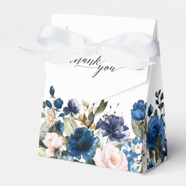 Navy Blue Blush Pink Rose Botanical Wedding Favor Box (Front Side)