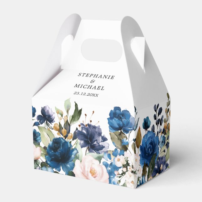 Navy Blue Blush Pink Rose Botanical wedding Favor Box (Back Side)