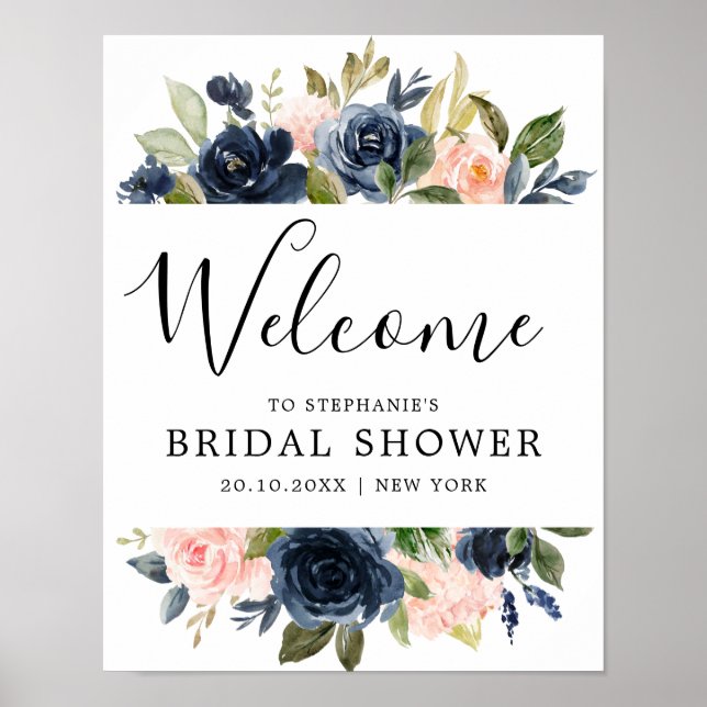 Navy Blue Blush Pink Rose Bridal Shower Welcome Poster (Front)