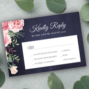 Navy blue blush pink rose chic wedding RSVP card