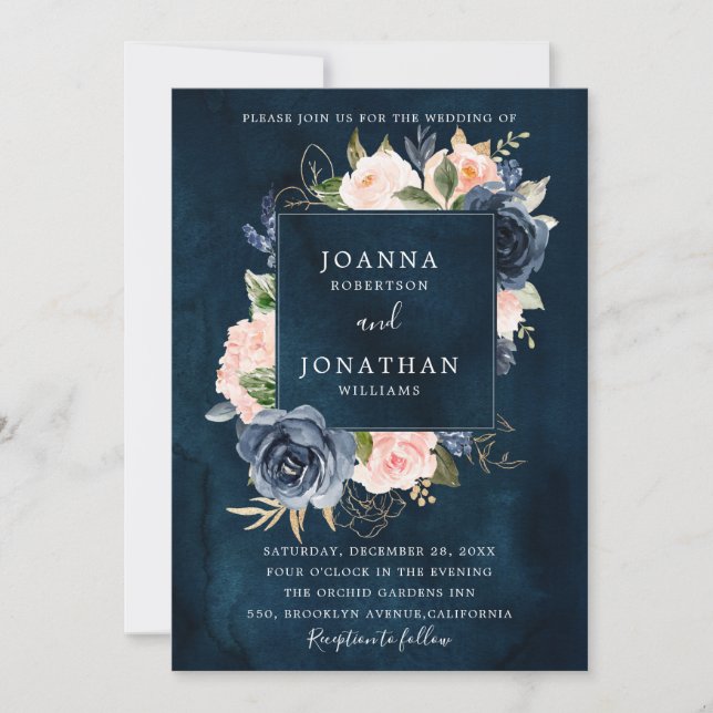 Navy Blue Blush Pink Rose Gold Boho Wedding Invitation (Front)