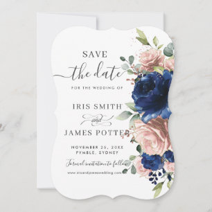 Navy Blue Blush Pink Rose Gold Floral Wedding Save The Date