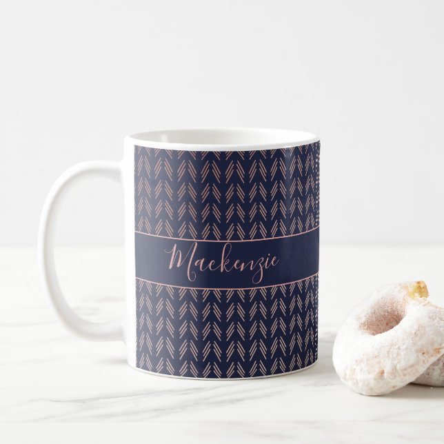 Navy Blue Blush Pink Rose Gold Foil Tribal | Boho Coffee Mug (With Donut)