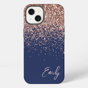 Navy Blue Blush Pink Rose Gold Glitter Monogram iPhone 13 Case
