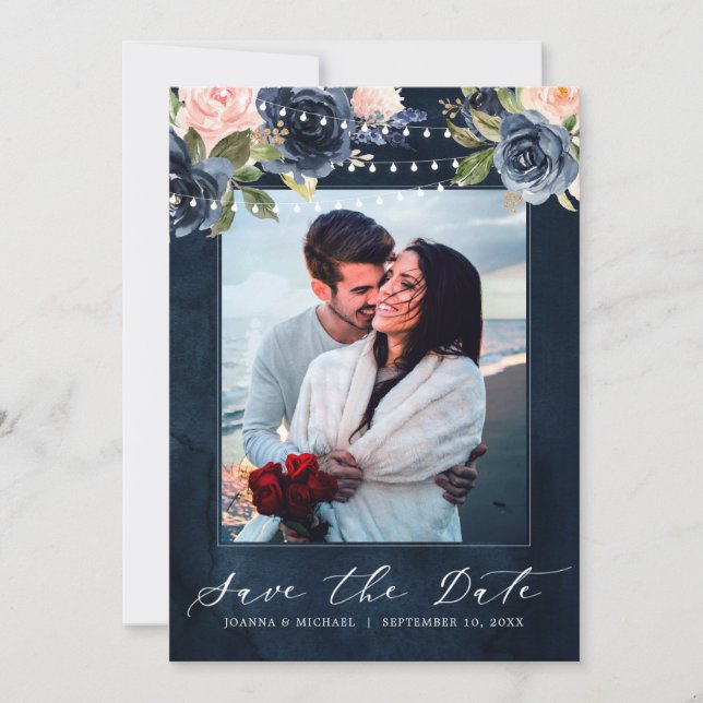 Navy Blue Blush Pink Rose String lights Photo Save The Date (Front)
