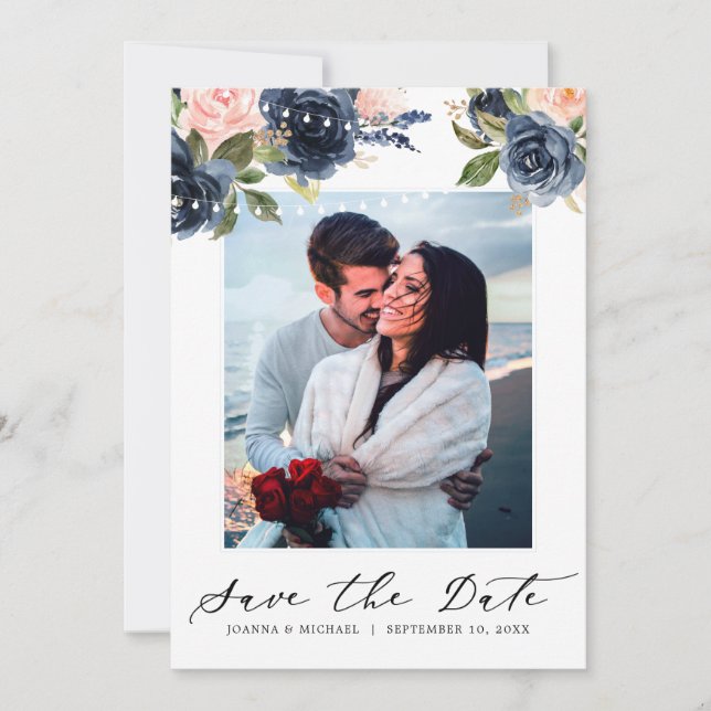 Navy Blue Blush Pink Rose String lights Photo Save The Date (Front)