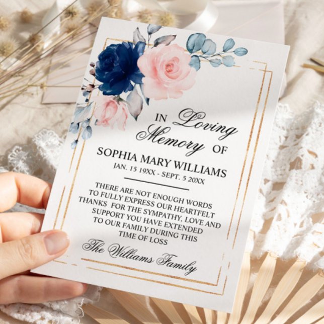 Navy Blue & Blush Pink Rose Sympathy Memory Thank You Card (Creator Uploaded)