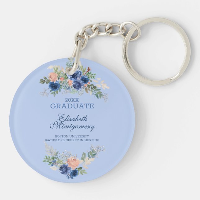 Navy Blue Blush Pink Roses Boho Graduation   Keychain (Back)