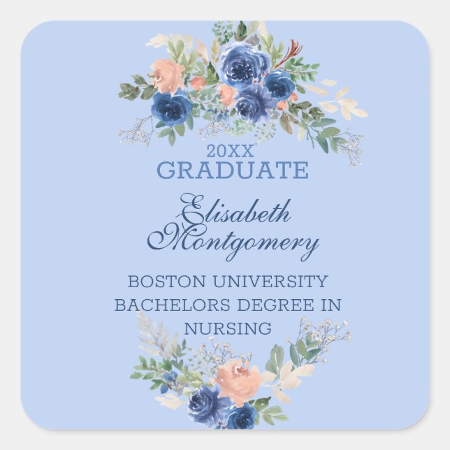 Navy Blue Blush Pink Roses Boho Graduation  Square Sticker (Front)