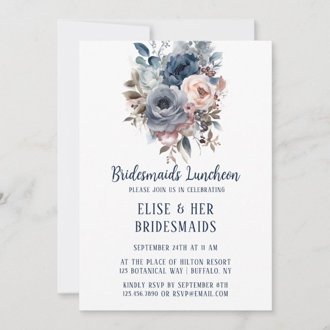 Navy Blue Blush Pink Roses Bridesmaids Luncheon Invitation (Front)