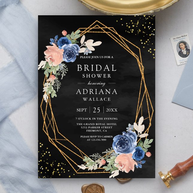 Navy Blue Blush Pink Roses Dark Grey Bridal Shower Invitation (Creator Uploaded)