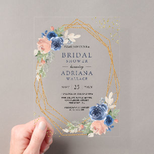 Navy Blue Blush Pink Roses Geometric Bridal Shower Acrylic Invitations