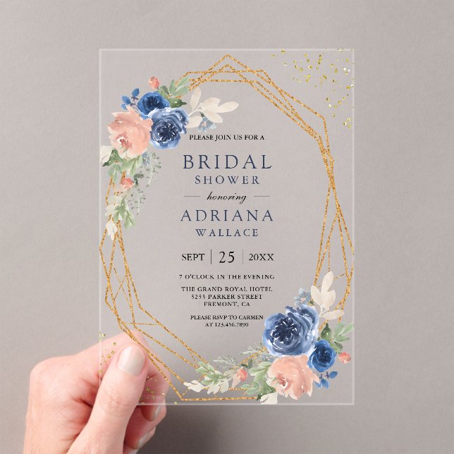 Navy Blue Blush Pink Roses Geometric Bridal Shower Acrylic Invitations (Insitu (Handheld))