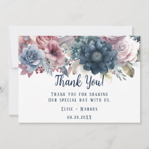 Navy Blue Blush Pink Roses Wedding Thank You Cards