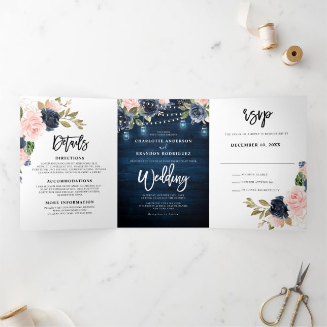 Navy Blue Blush Pink String Lights Trifold Wedding (Inside)