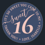 Navy Blue Blush Pink Sweet 16 Birthday Party Favou Classic Round Sticker<br><div class="desc">Add a chic and modern finishing touch to envelopes and favours with these navy and pink sweet 16th birthday party round stickers. Design features a girly blush pink handwritten style script typography on a trendy navy blue background. Text in a circle is simple to customize. These elegant labels make a...</div>