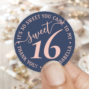 Navy Blue Blush Pink Sweet 16 Birthday Party Favou Classic Round Sticker