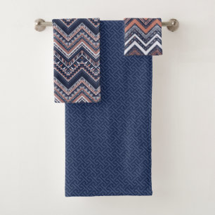 NAVY BLUE & BLUSH PINK TRIBAL ETHNIC PATTERNS BATH TOWEL SET