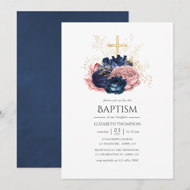 Navy Blue & Blush Pink Vintage Roses Baptism Invitation (Front/Back)