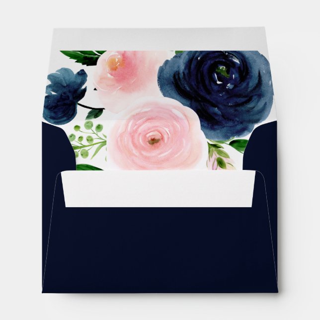 Navy Blue Blush Pink Watercolor Floral Wedding Envelope (Back (Bottom))