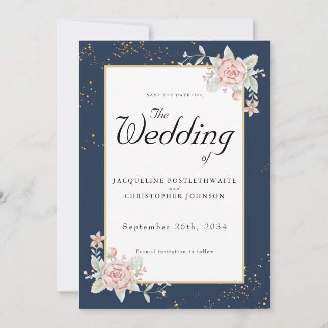 Navy Blue Blush Pink Wedding Save The Date Invitation (Back)