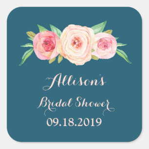 Navy Blue Blush PinkFloral Bridal Shower Favour Ta Square Sticker
